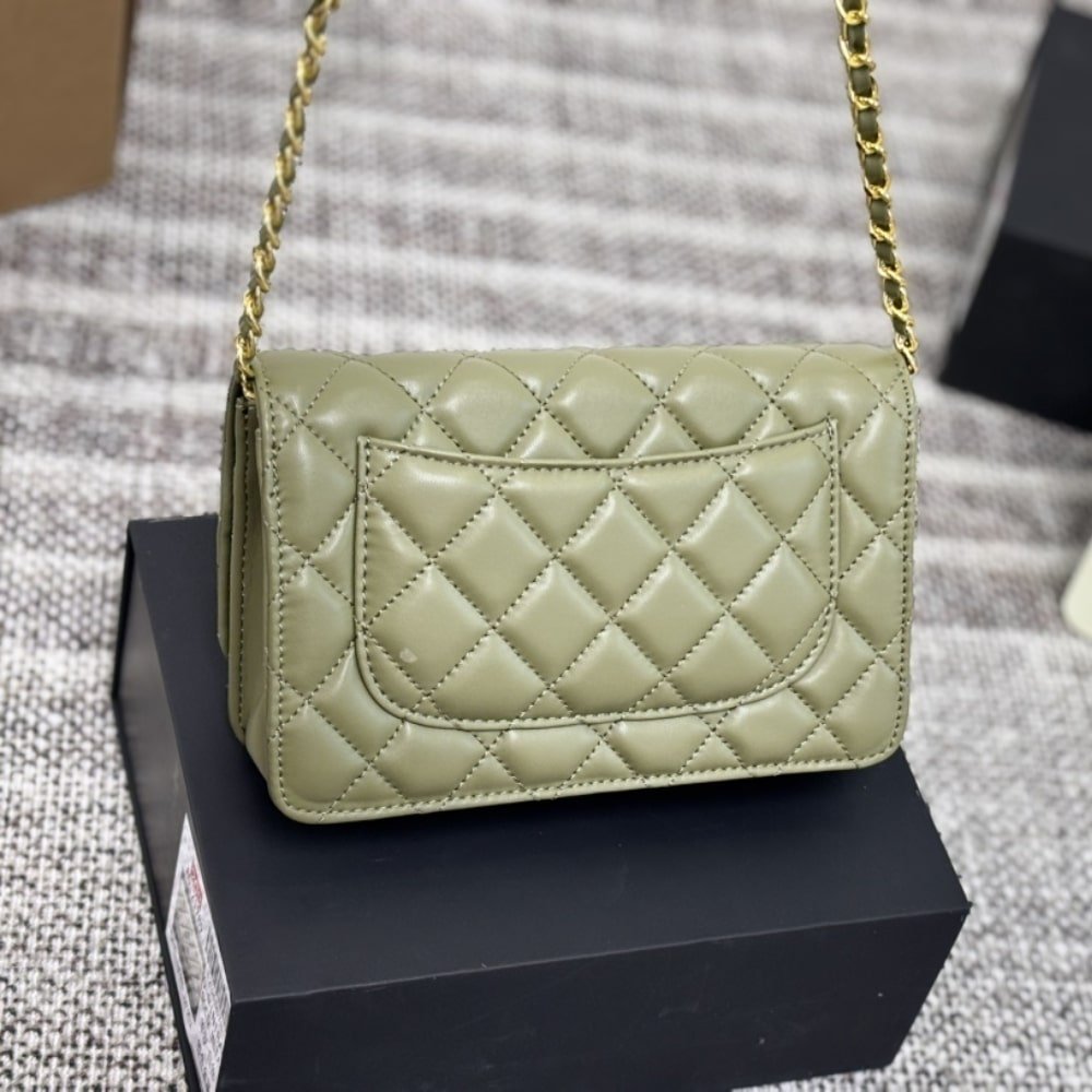 Ch**el Classic Wallet On Chain Gold Tone Metal Khaki 19Cm