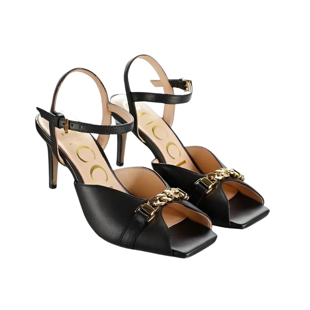 Gvc*1 Metal Chain Stiletto Heels Flip Flop Fish Mouth Sandals Black