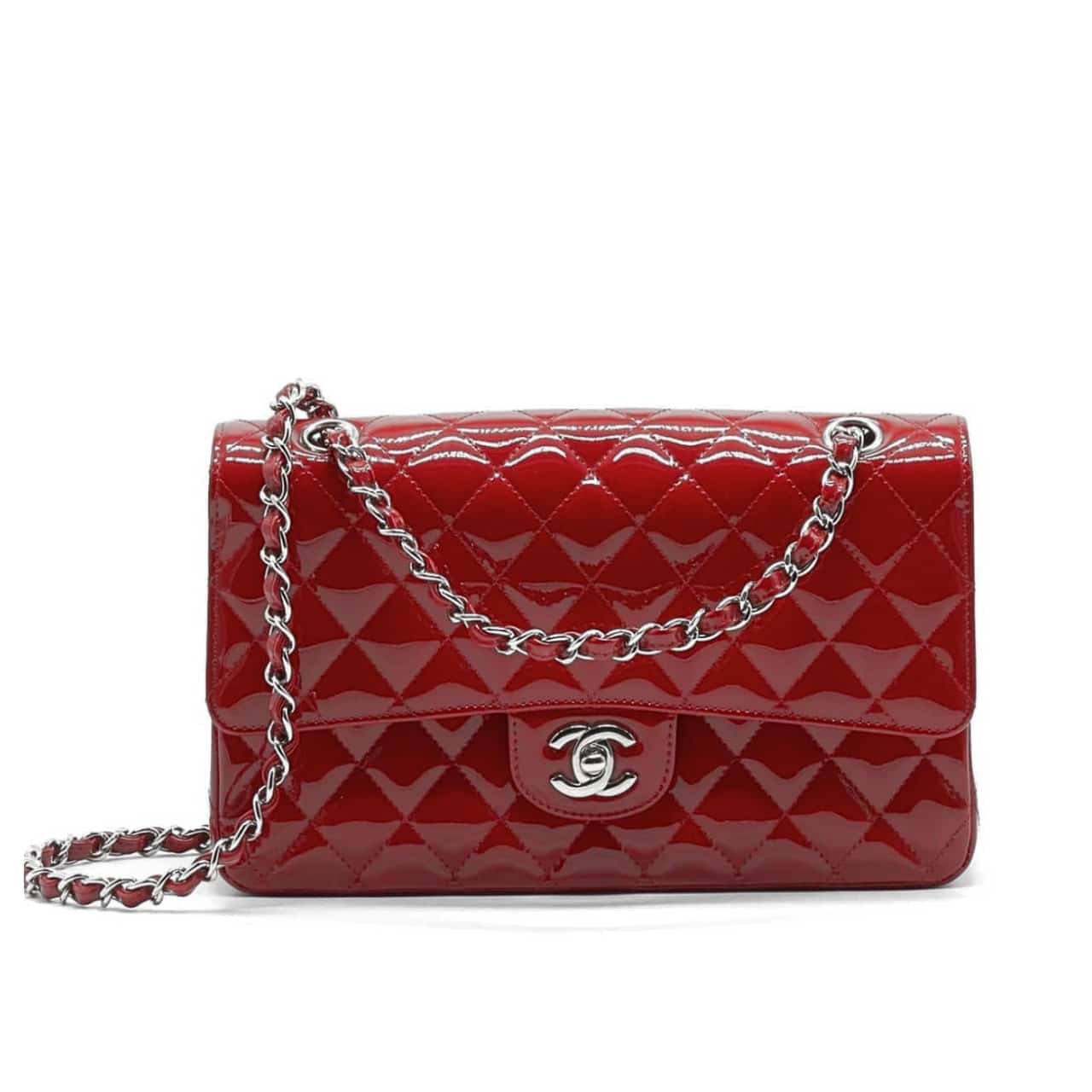 Ch**el Medium Classic Double Flap Bag Patent Leather Red 26Cm