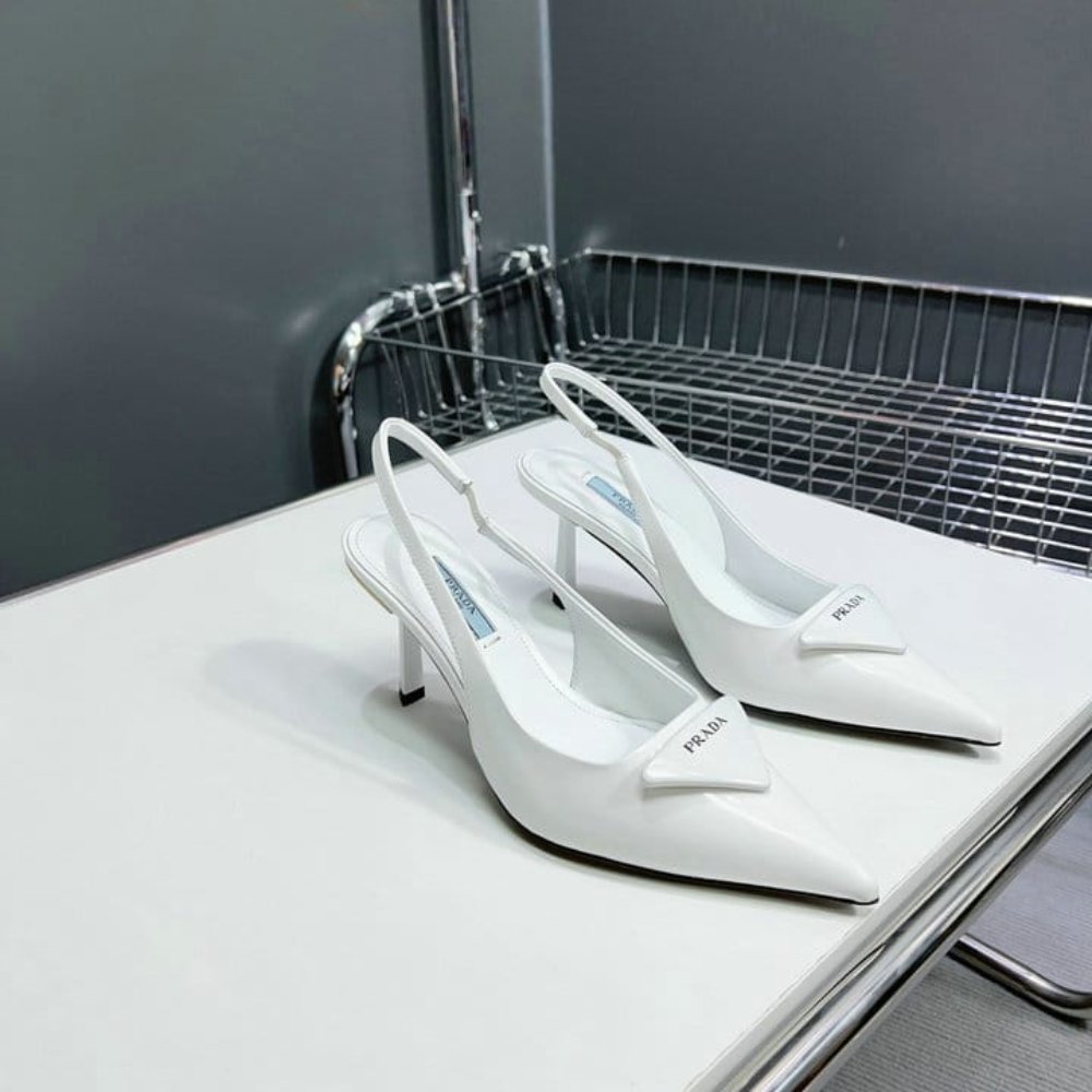 Pra*a Brushed Leather Slingback Pumps White 1I901M 055 F0009 F 075