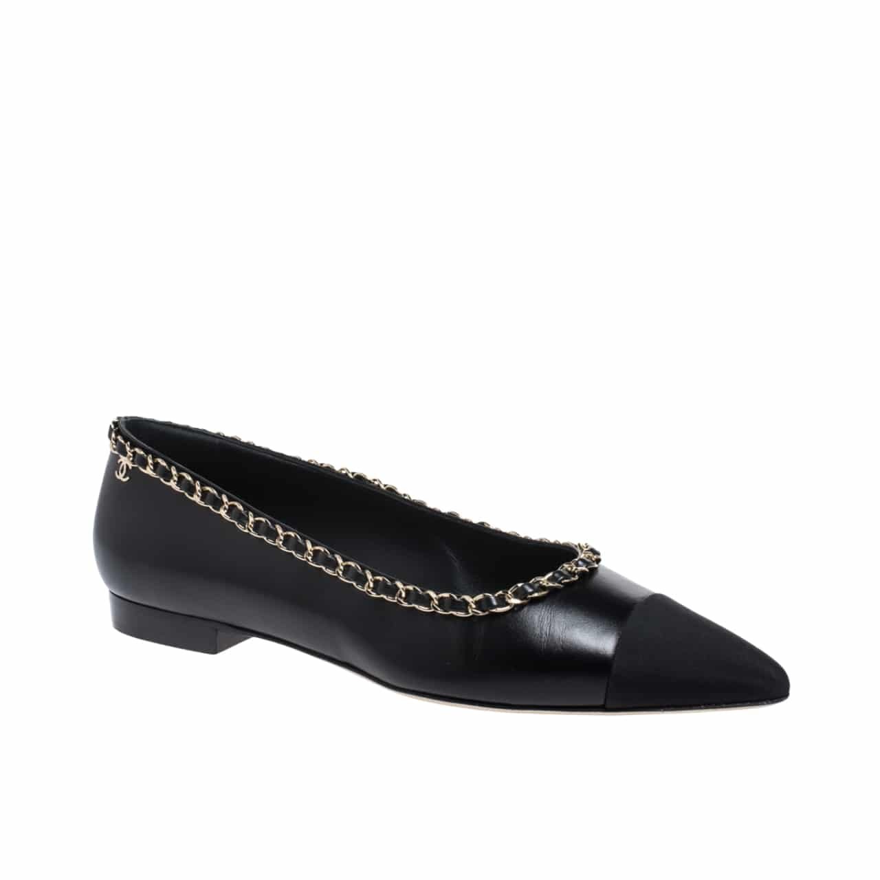 Ch**el Leather And Fabric Cc Chain Link Ballet Flats Black