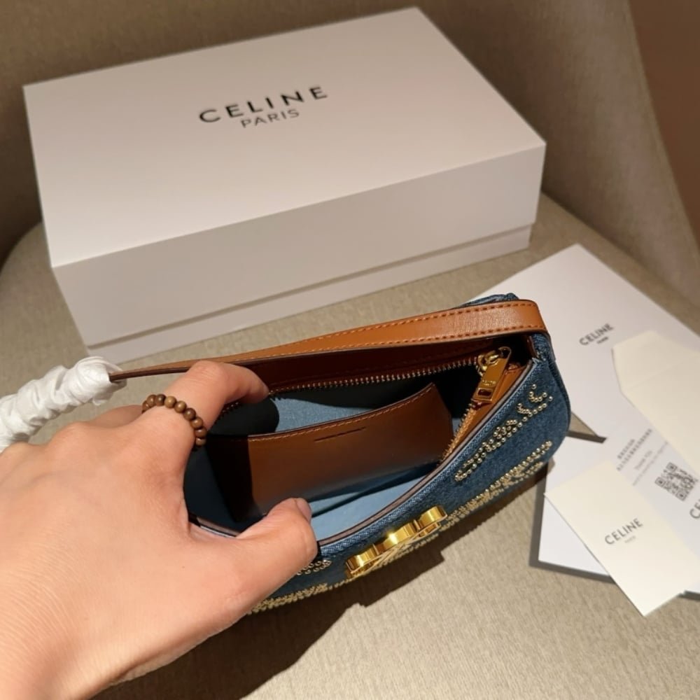 Ce1i*e Medium Tilly Bag With Triomphe Studs And Calfskin Denim 22Cm