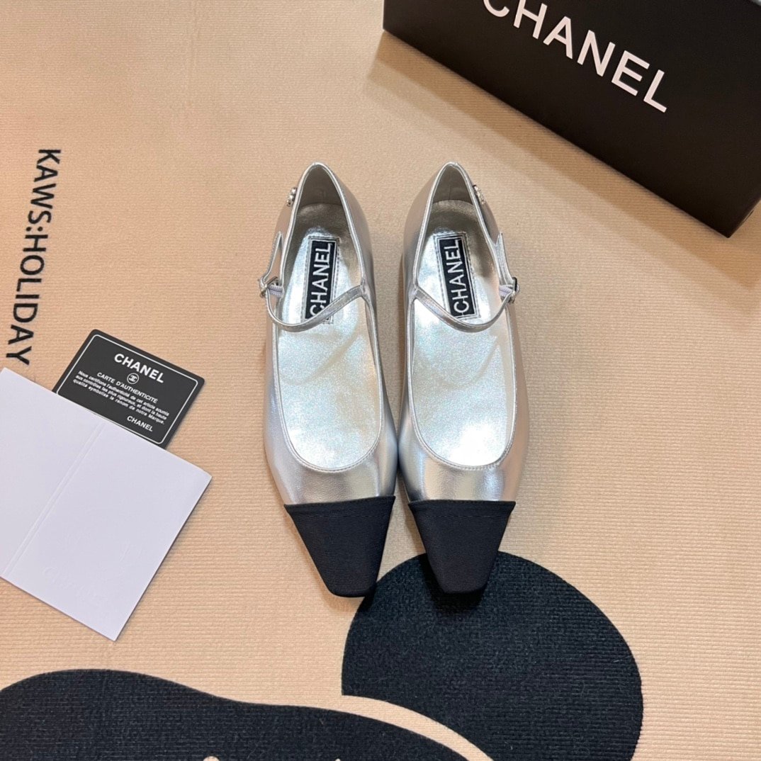 Ch**el Square Toe Ballet Flats Black Silver