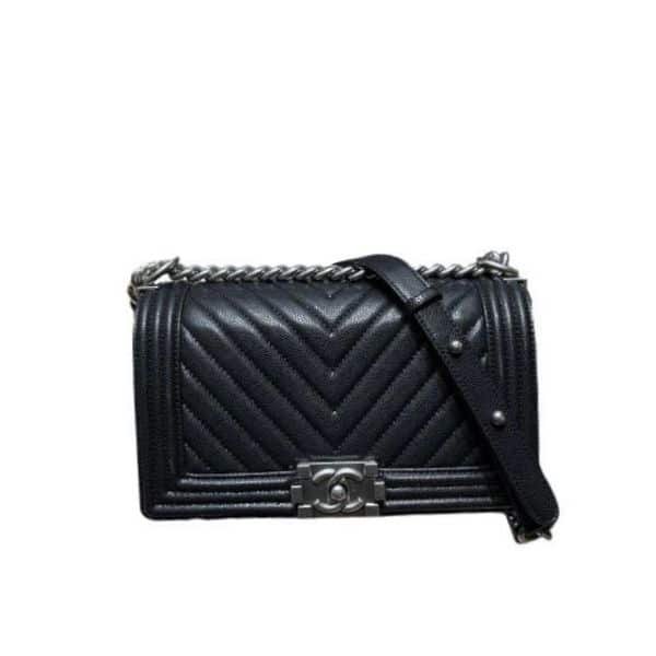 Ch**el Boy Caviar Chevron Quilted Flap Bag Black 25Cm