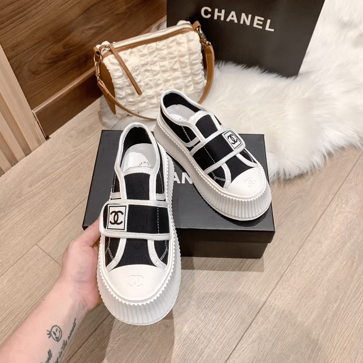 Ch**el White Cc Cap Toe Slipon Sneaker Black