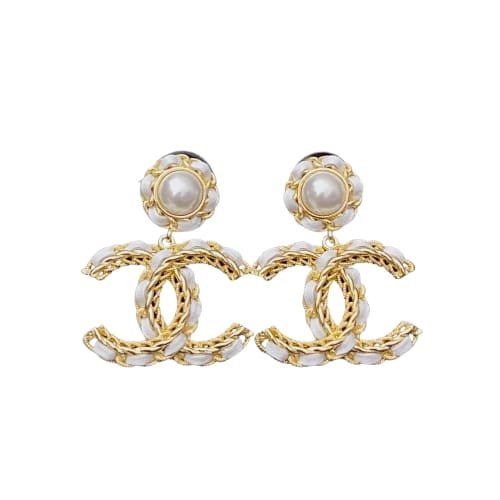 Ch**el White Leather And Gold Metal Earrings