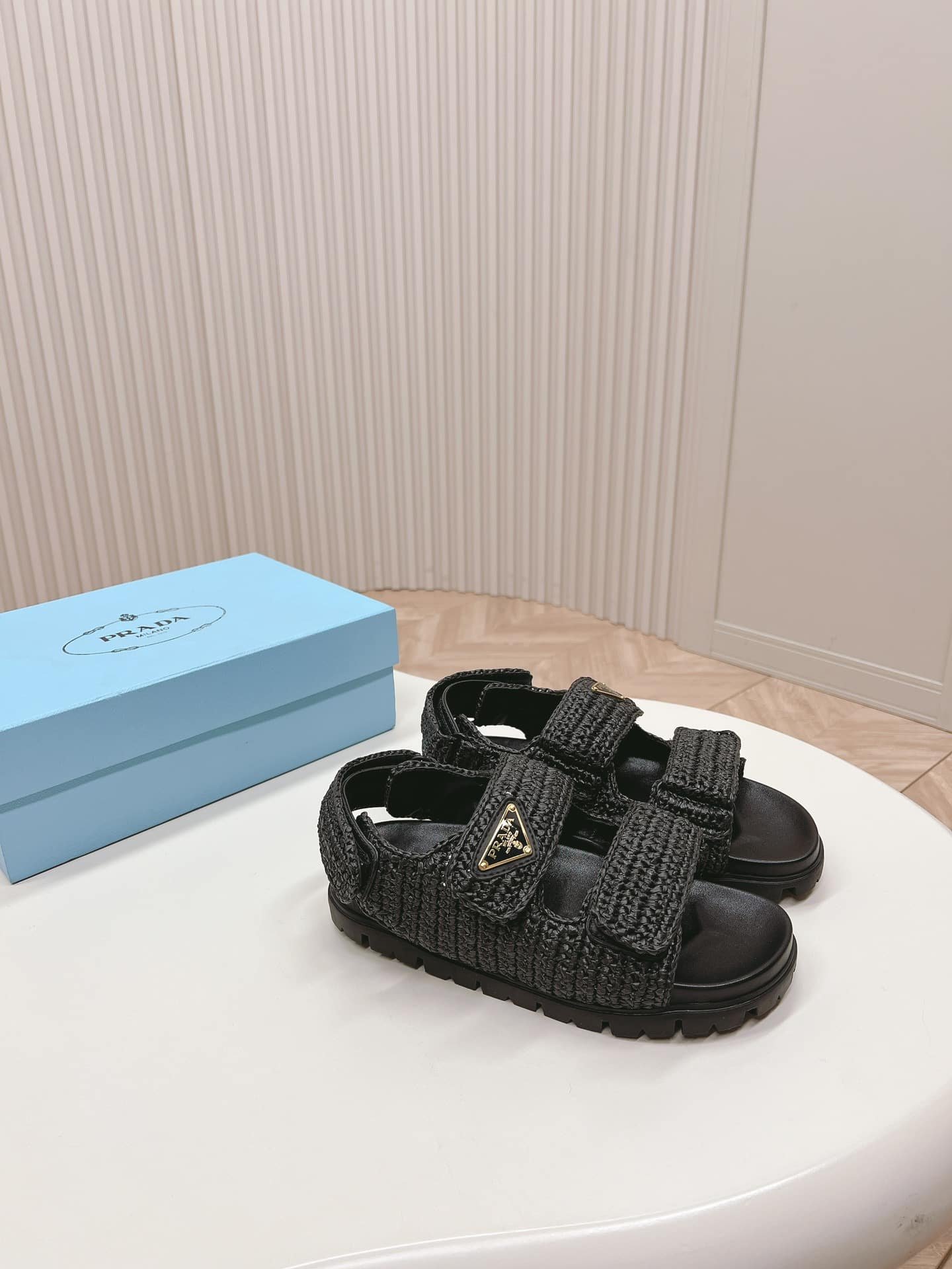 Pra*a Monolith Crochet Raffia Effect Sandals In Black