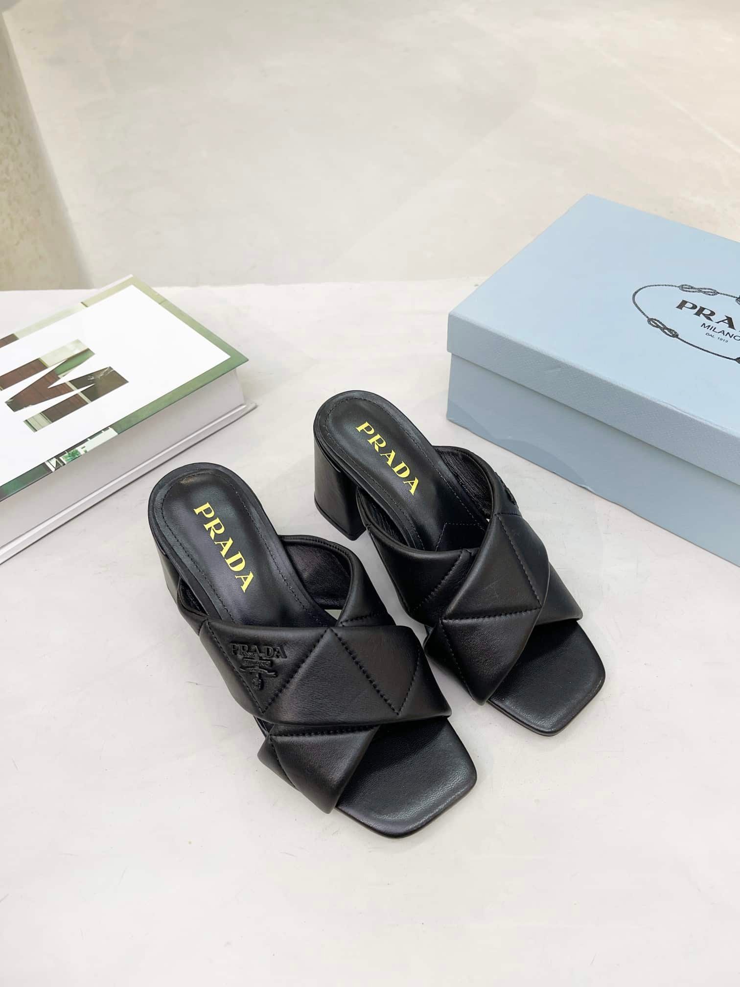 Pra*a Crossover Nappa Leather Sandals In Black