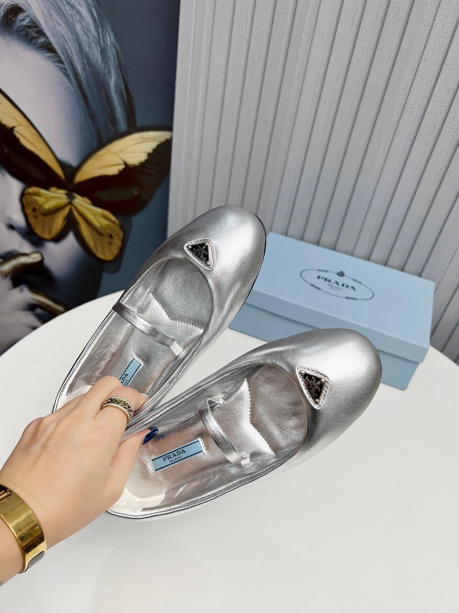 Pra*a Soft Padded Nappa Leather Ballerinas Silver