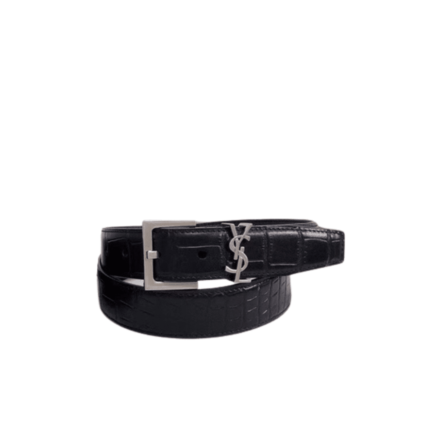 Sa1nt Lau*nt Croc Embossed Leather Belt Black And Silver 26267332