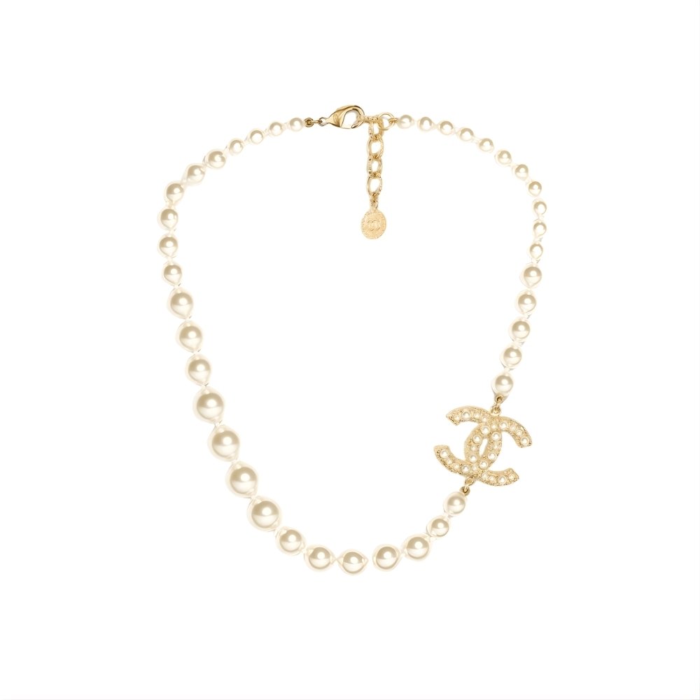 Ch**el Glass Pearls CC Necklace Gold Pearly A64757 Y20450 Z2048