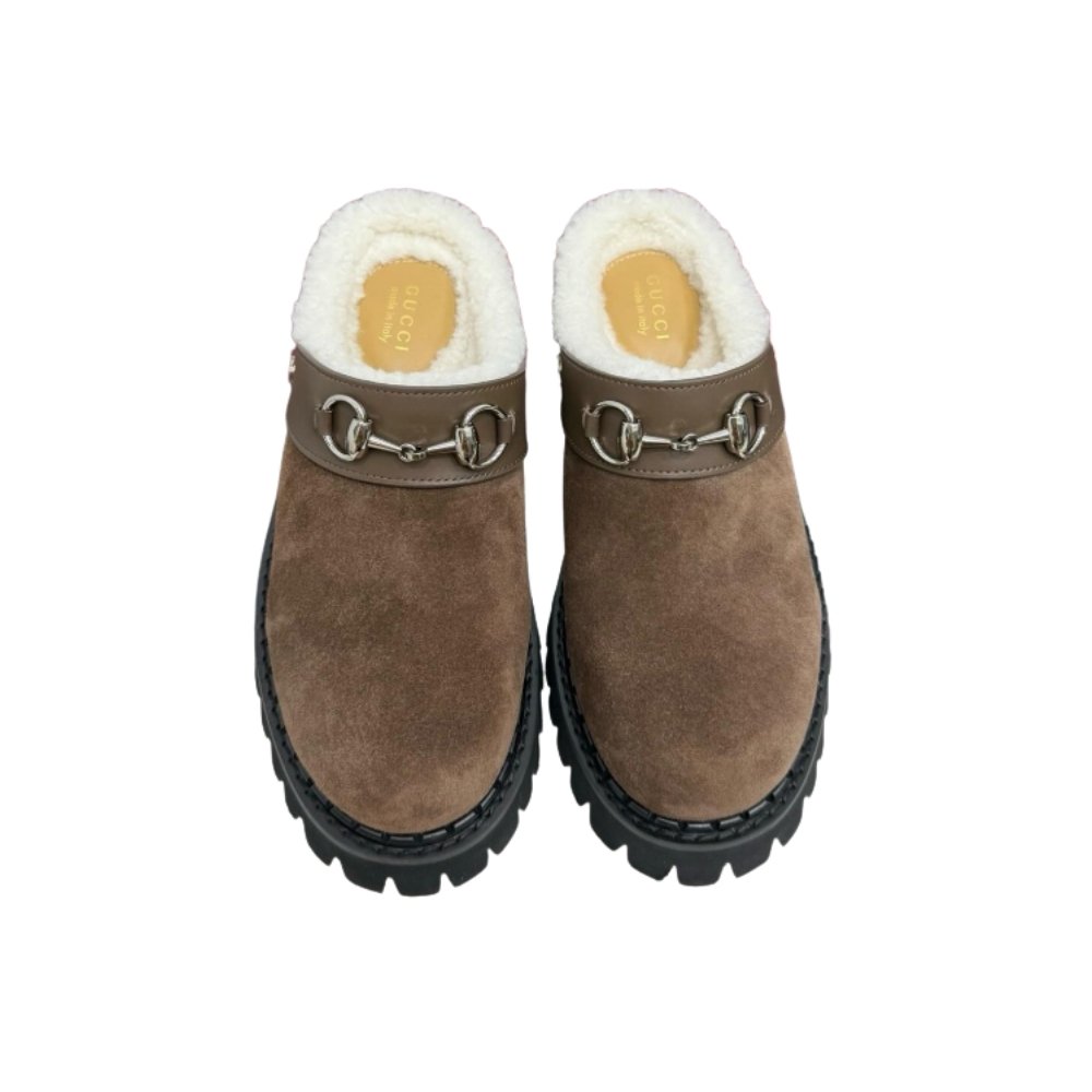 Gvc*1 Horsebit Shearling Mules In Dark Brown Suede