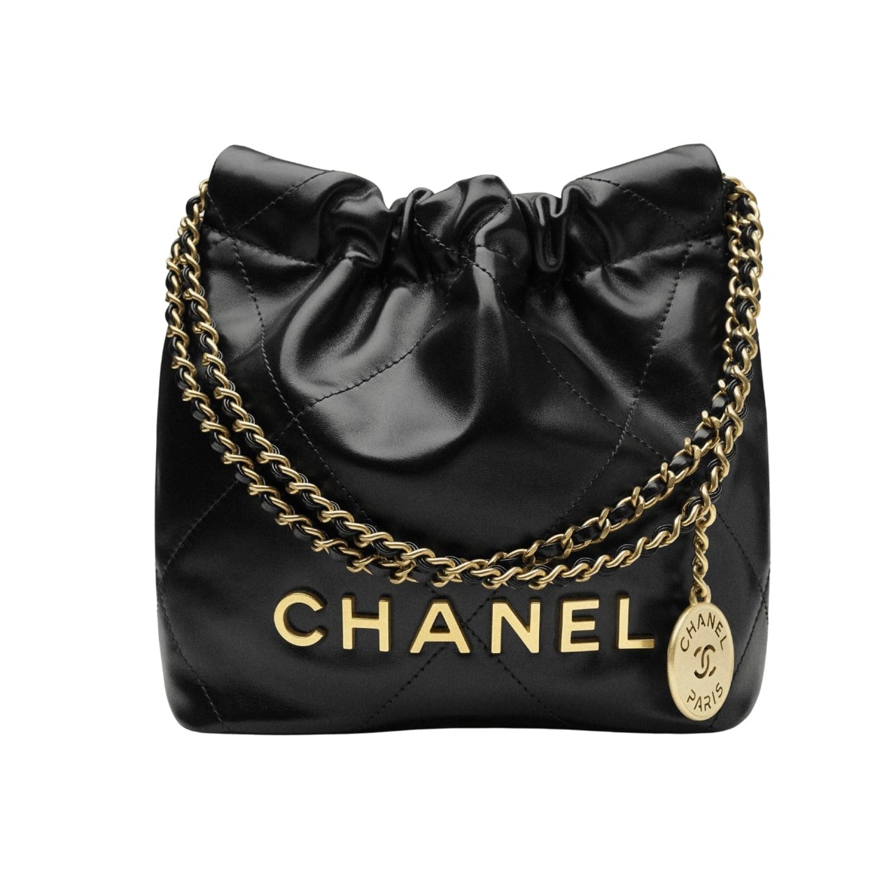 Ch**el 22 Mini Handbag Shiny And Gold Tone Metal Black 20cm AS3980 B19059 94305