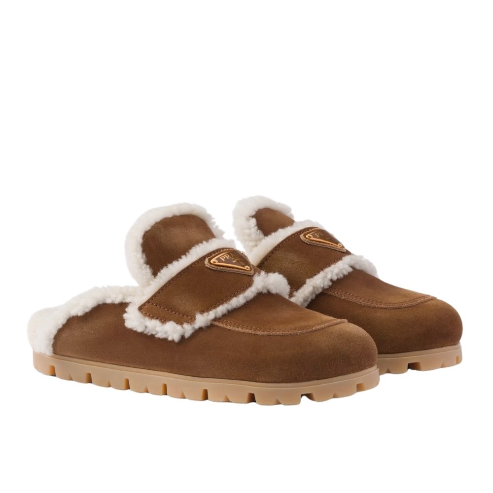 Pra*a Suede And Shearling Slippers Cinnamon 1S711M X0O F0401 F Zg20