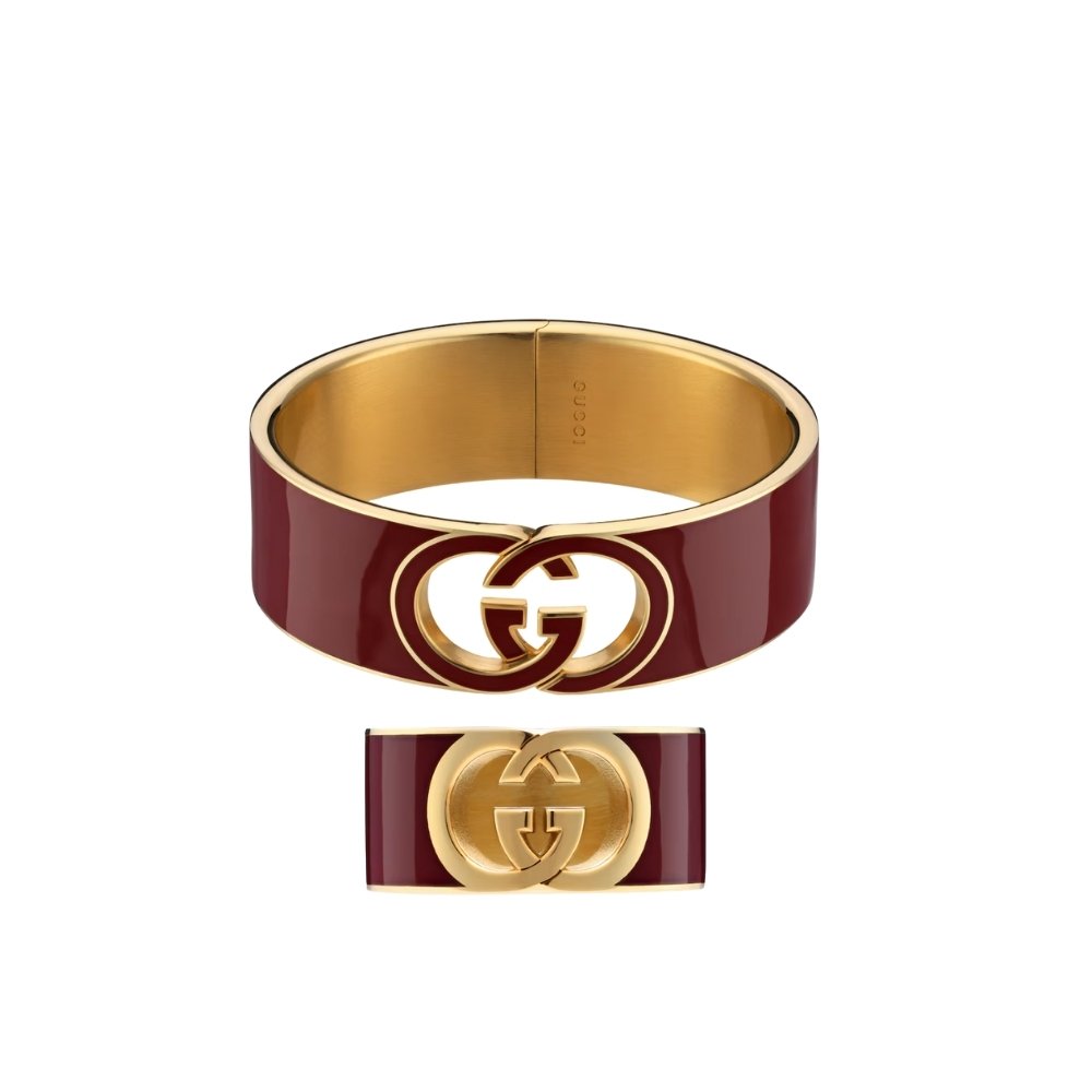 Set Gvc*1 Cuff Bracelet And Ring Interlocking Enamel Red Gold Tone