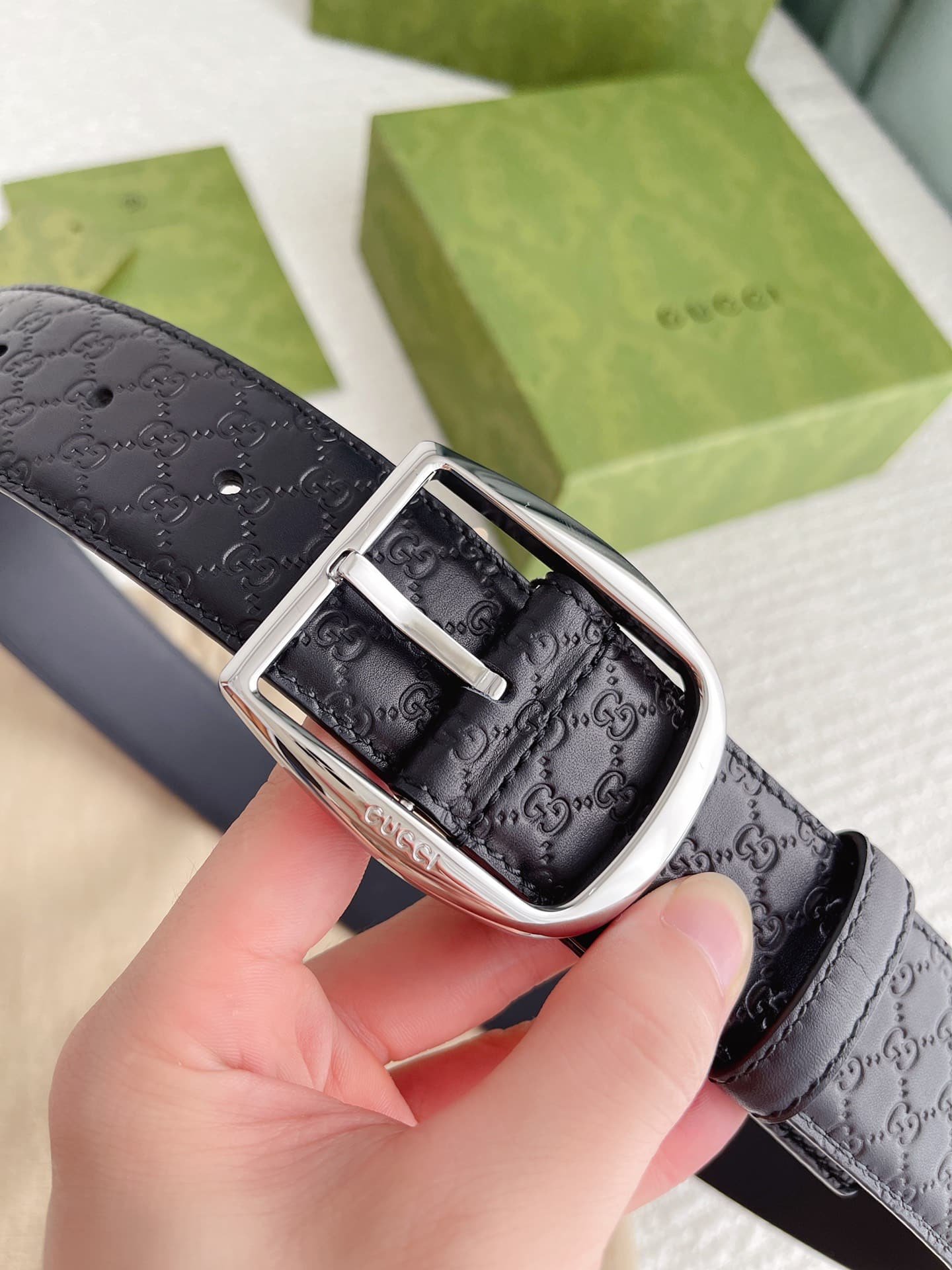 Gvc*1 Calfskin Monogram Black Belt Silver Metal 4Cm