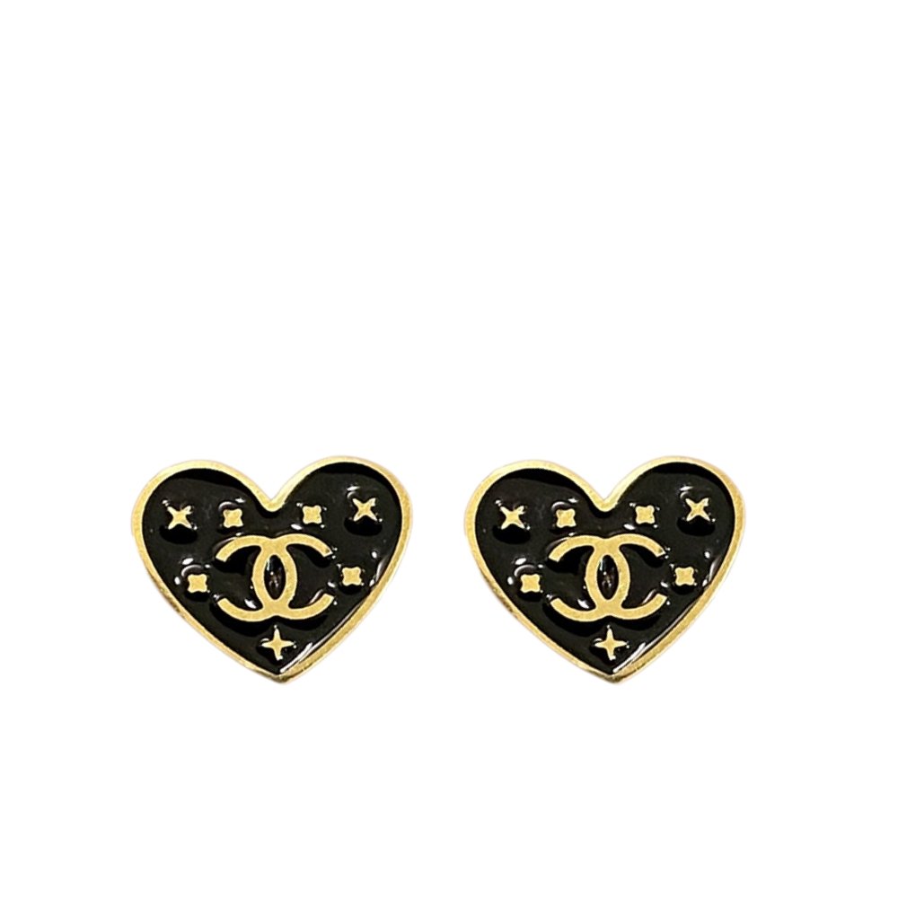 Ch**el Metal Enamel Cc Heart Earrings Gold Black